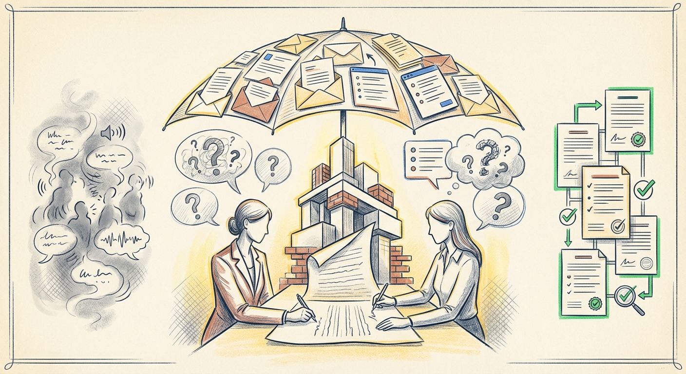 Illustration showing the contrast between the chaos of unclear agreements and the order of written documentation