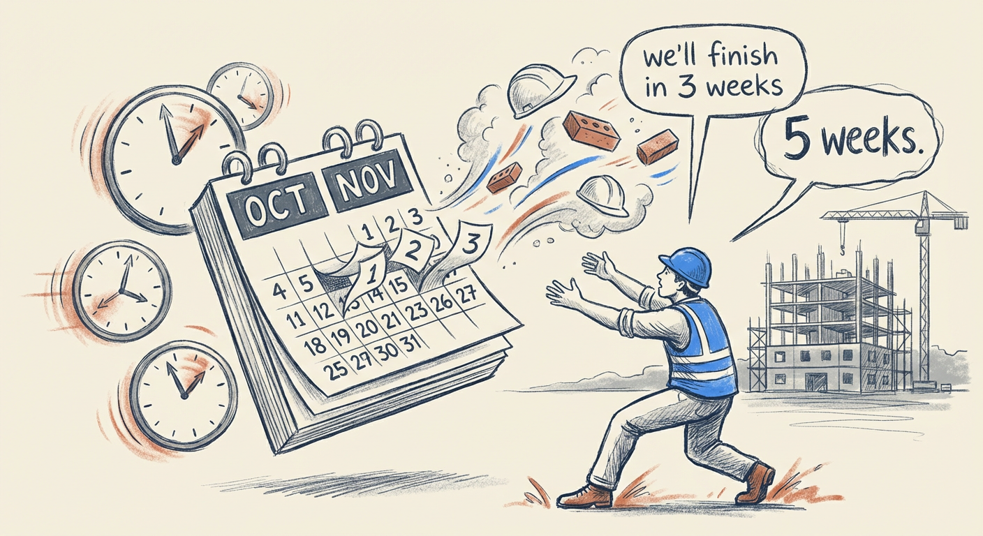 Illustration showing the difference between the promised 3 weeks and the actual 5 weeks of completion