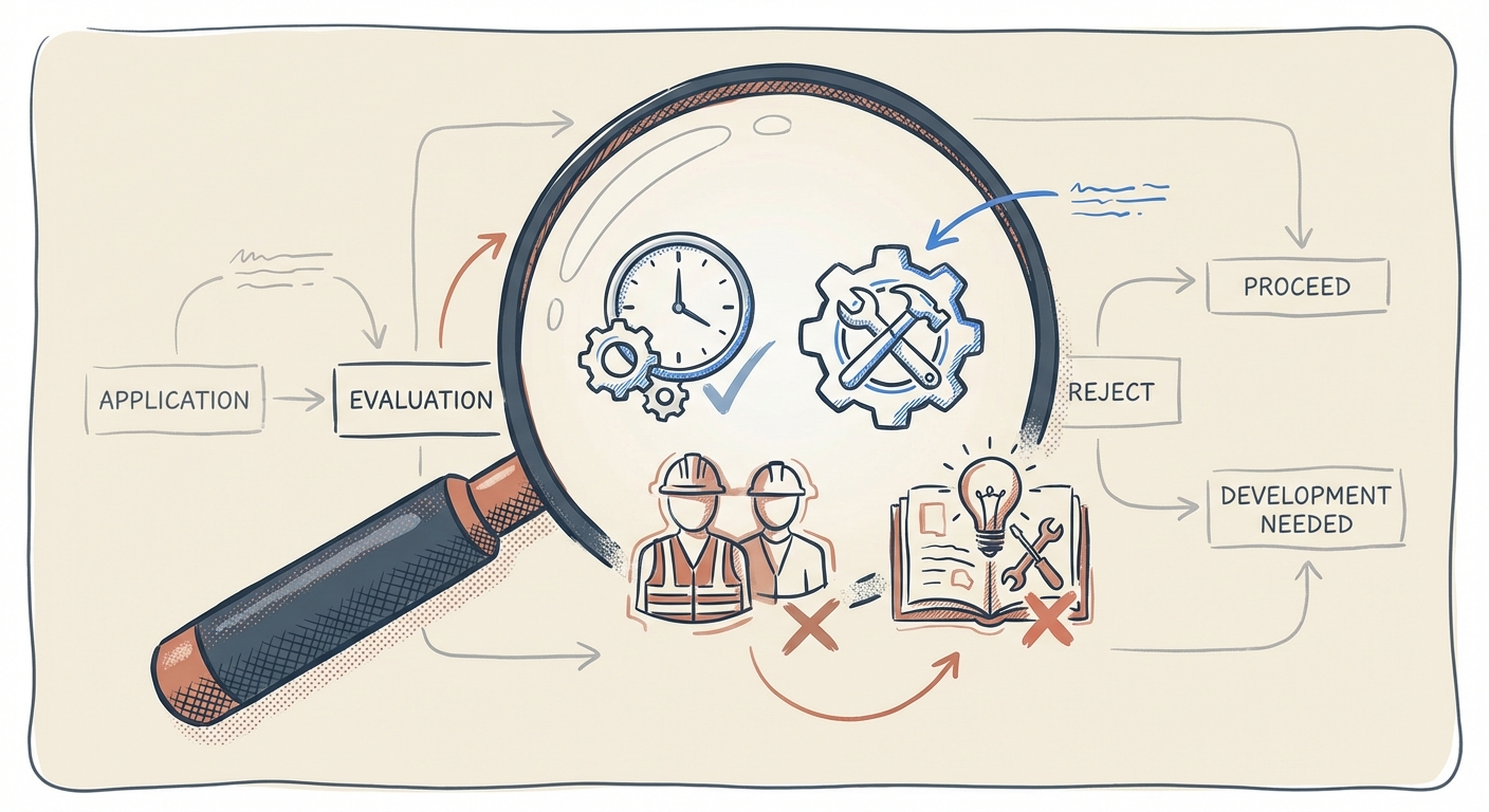 Recruitment process diagram: Application → Assessment → Hire/Reject/Develop