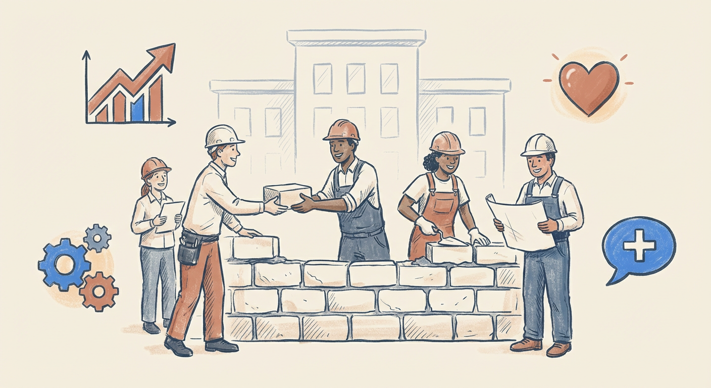 Construction team working together on building a wall - supportive atmosphere